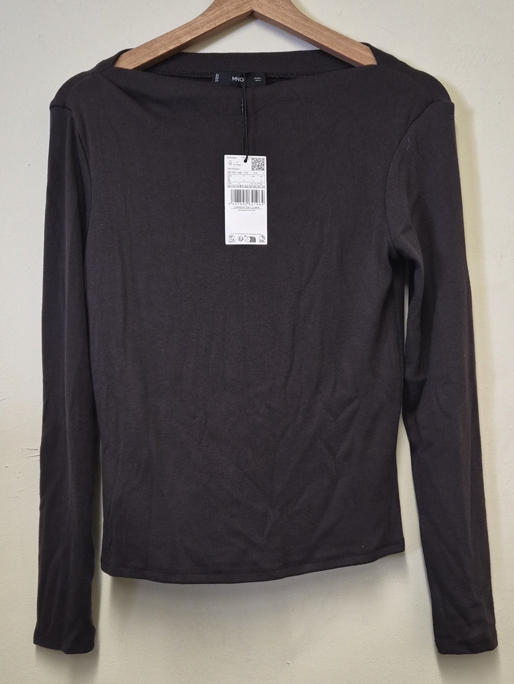 Mango Long Sleeve Boatneck Top in Dark Brown Size L